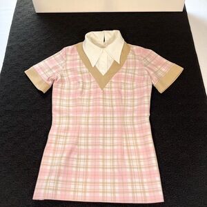 Vintage Stockton Top Womens Small 60s 70s Pink Plaid Short Sleeve Point Collar